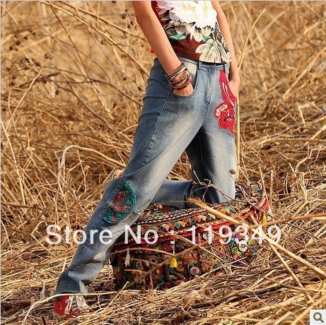 2012 autumn and winter applique embroidered loose casual skinny pants slim jeans for women