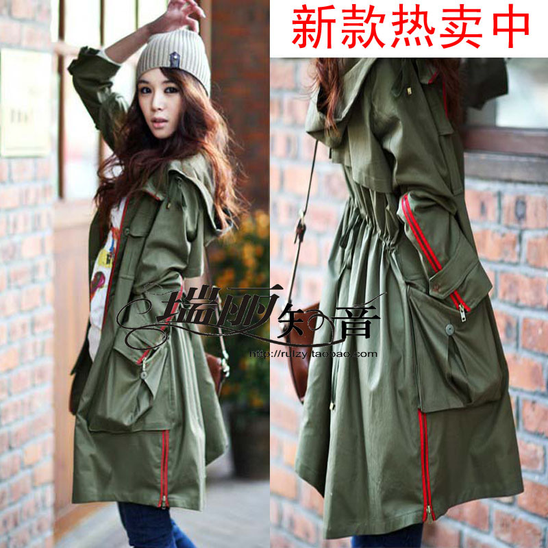 2012 autumn and winter Army Green hooded slim clothes trench outerwear female plus size