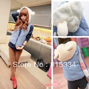 2012 Autumn and winter bear ear hooded vest for women/ women animal pattern cotton  fur coat free shipping blue