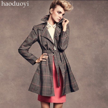 2012 autumn and winter Bell-bottom double breasted trench bandage long design plaid decorative pattern black Free Shipping