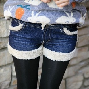 2012 autumn and winter berber fleece denim shorts plus size loose woolen shorts boot cut jeans female