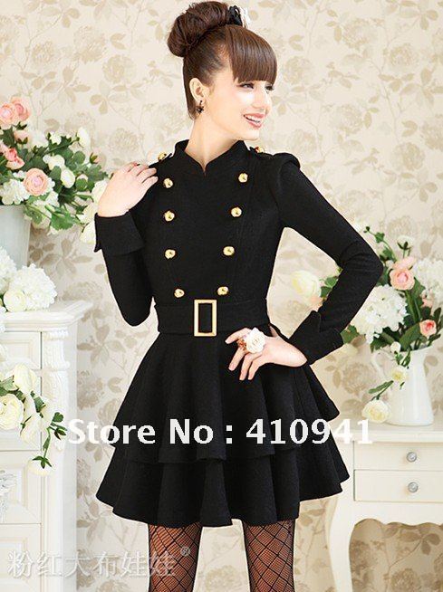 2012 autumn and winter black handsome double row gold buckle small standing collar waist put on a large woolen dress