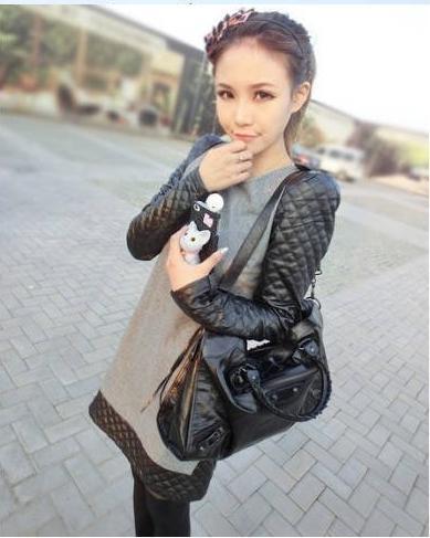 2012 autumn and winter black leather sleeve all-match slim patchwork fur woolen one-piece dress fashion size M L XL w397