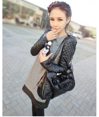 2012 autumn and winter black leather sleeve all-match slim patchwork fur woolen one-piece dress fashion size M L XLF18