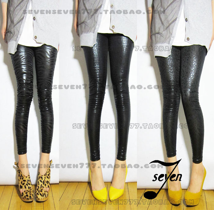 2012 autumn and winter black shiny tight legging fashion leather pants faux leather serpentine pattern zebra print