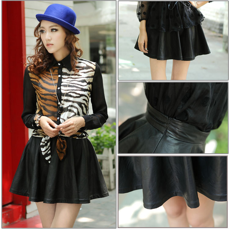 2012 autumn and winter bust skirt stereo all-match PU water wash leather high waist short skirt leather skirt