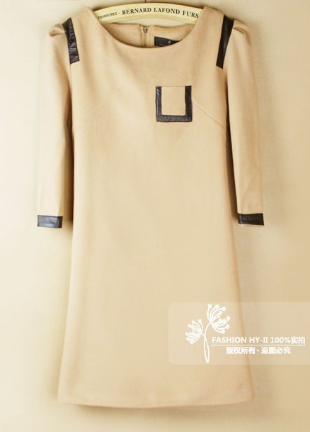 2012 autumn and winter camel one-piece dress leather slim basic woolen skirt one-piece dress