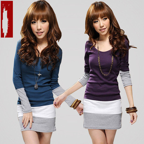 2012 Autumn and Winter Casual Dress for Women plus size clothing long-sleeve patchwork long design t-shirt basic skirt