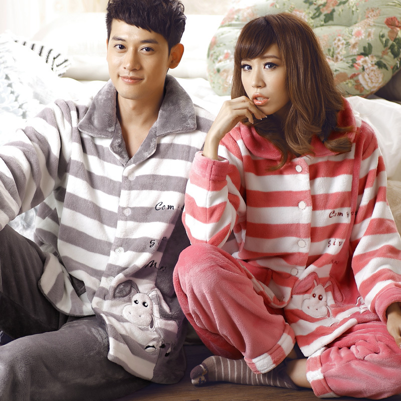 2012 autumn and winter coral fleece lovers sleepwear long-sleeve stripe sleep set lounge