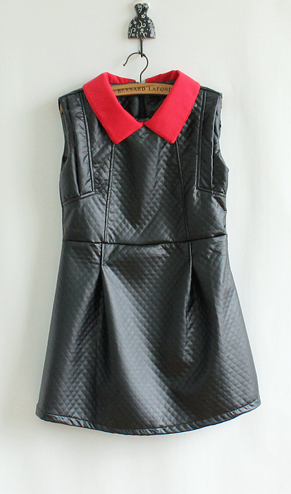 2012 autumn and winter delicate color block turn-down collar plaid leather quality sleeveless slim dress