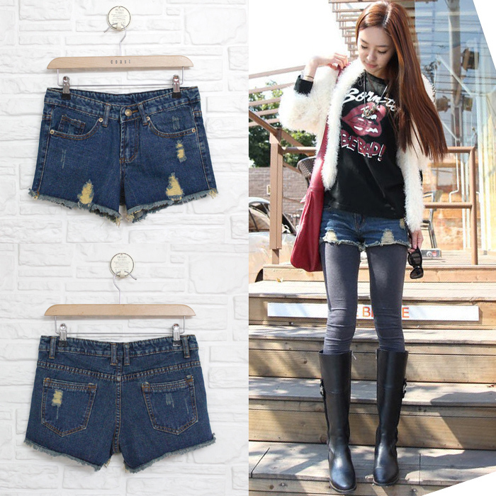 2012 autumn and winter denim shorts women's winter personality hole loose dark color shorts