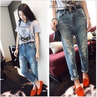 2012 autumn and winter distrressed hole skinny pants casual trousers loose jeans