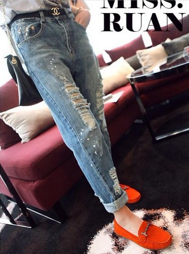 2012 autumn and winter distrressed hole skinny pants casual trousers loose jeans