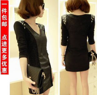 2012 autumn and winter dress sexy slim hip beading leather skirt long-sleeve winter one-piece dress