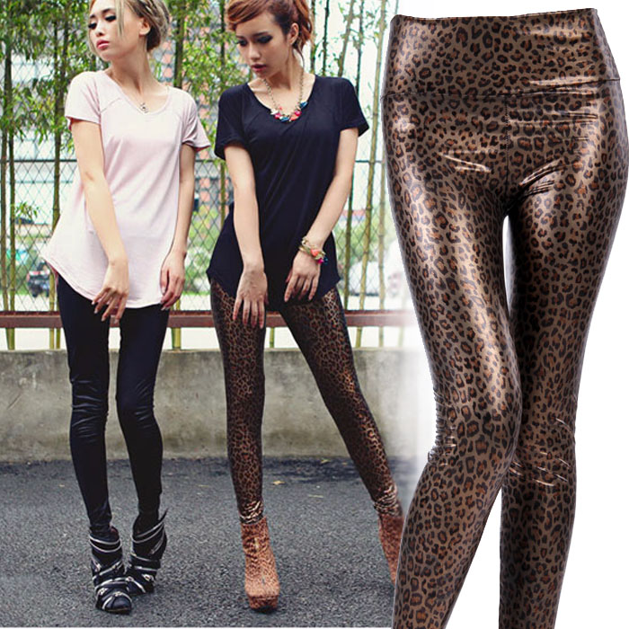 2012 autumn and winter elastic small leopard print solid color black and red high waist faux leather leopard print legging ankle