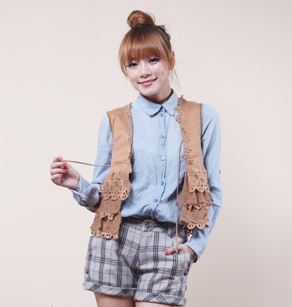 2012 autumn and winter fashion cutout cake cascading laciness sleeveless imitation deerskin khaki all-match small vest 7505 MYYH