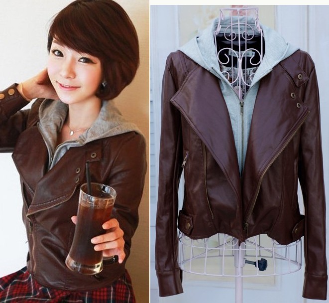 2012 autumn and winter fashion handsome PU with a hood small leather clothing the disassemblability faux two piece coffee