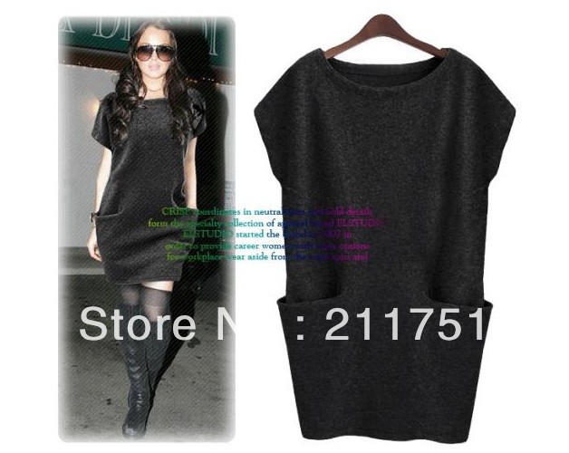 2012 autumn and winter fashion large size dress  show thin big pocket loose Europe and the United States star dresses knitting