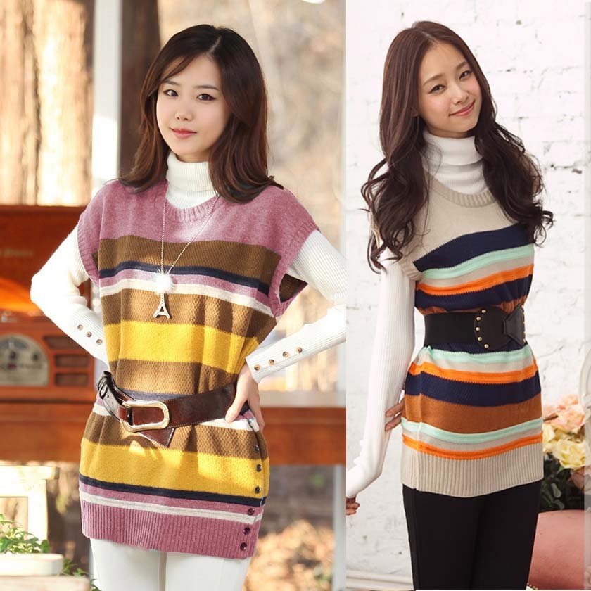 2012 Autumn and Winter fashion O-neck Sleeveless multicolour stripe Sweater Pullovers Vest contrast color W2344 Free shipping