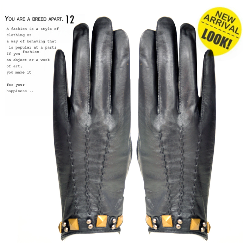 2012 autumn and winter fashion rivet sheepskin gloves sexy women's genuine leather gloves trend vintage motorcycle gloves