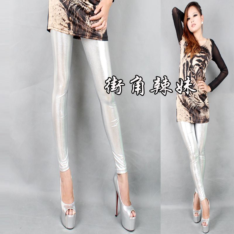 2012 autumn and winter fashion star style bright japanned leather silver elastic faux leather matte all-match trousers legging