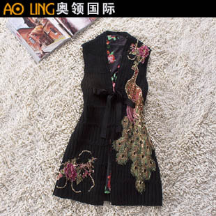 2012 autumn and winter fashion wool female trench handmade beading paillette peacock sleeveless overcoat outerwear