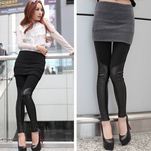 2012 autumn and winter faux leather patchwork plus velvet legging culottes ankle length trousers skirt female