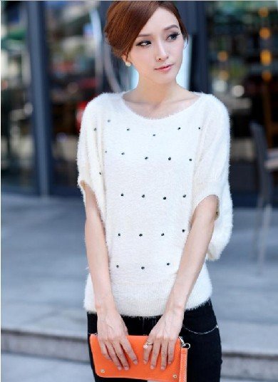 2012 autumn and winter female loose macrotrichia o-neck short-sleeve dot rhinestones sweater casual sweater