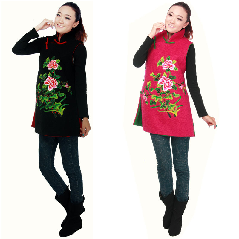 2012 autumn and winter female national trend thickening woolen embroidered medium-long cheongsam vest outerwear vest