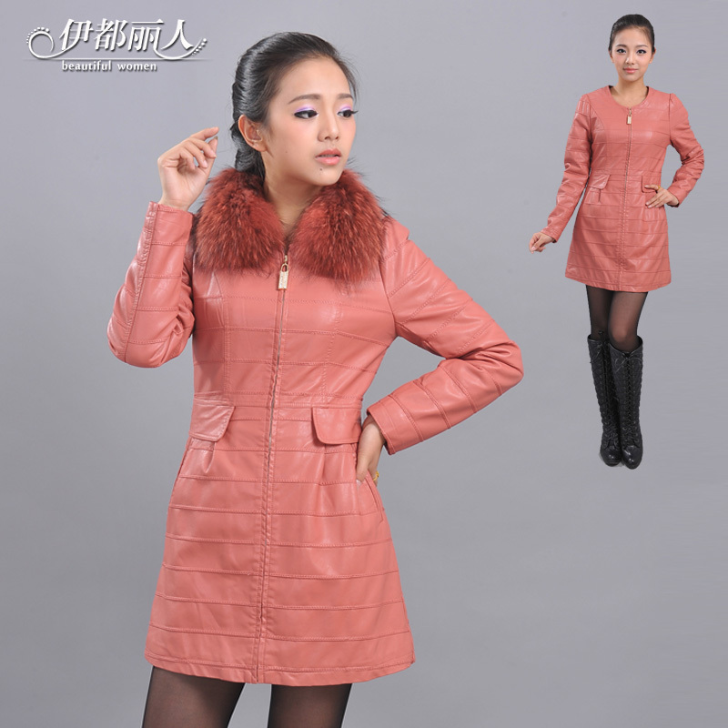 2012 autumn and winter female PU clothing raccoon fur slim medium-long water washed leather clothing a1262