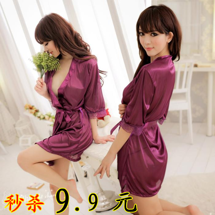 2012 autumn and winter female sexy sleepwear translucent faux silk robe bathrobes nightgown lace decoration temptation