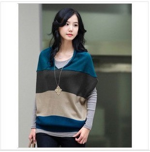 2012 autumn and winter female sweater wool outerwear loose batwing sleeve stripe color block decoration gentlewomen