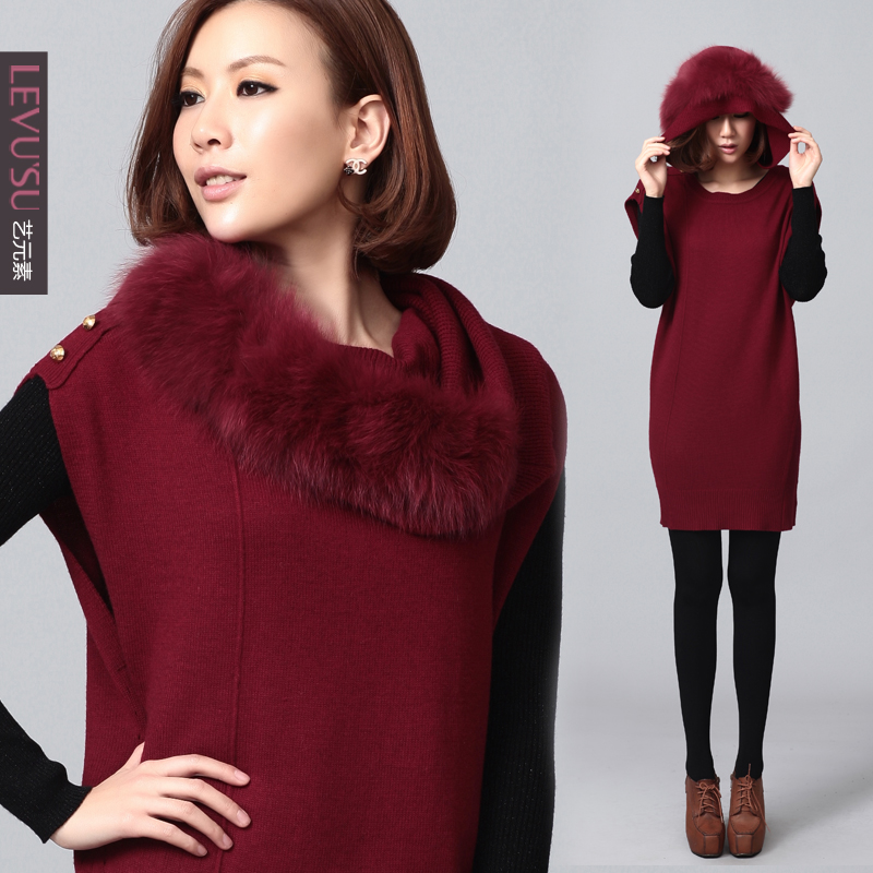 2012 autumn and winter fox fur leather muffler scarf noble o-neck sleeveless sweater one-piece dress