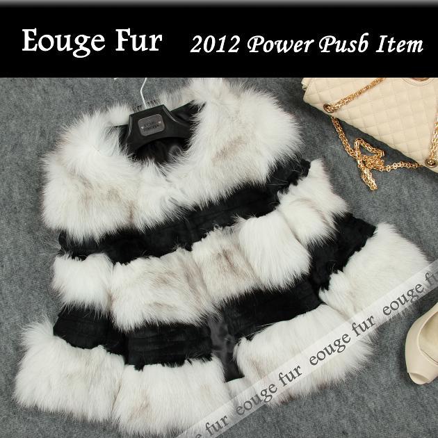 2012 autumn and winter fox fur rabbit fur patchwork black and white stripe design short sleeve fur coat wrist-length