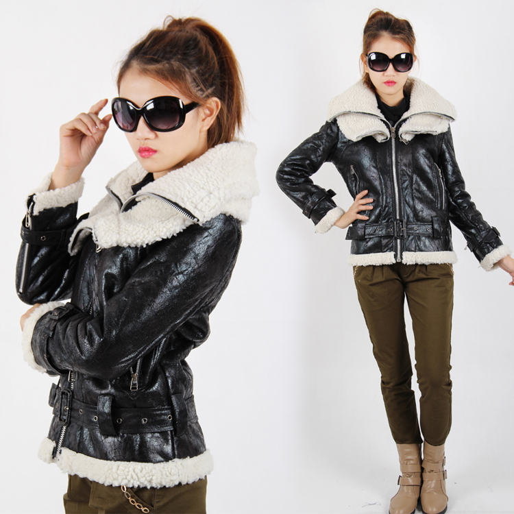 2012 autumn and winter full plush thermal scrub plus velvet leather clothing female short design