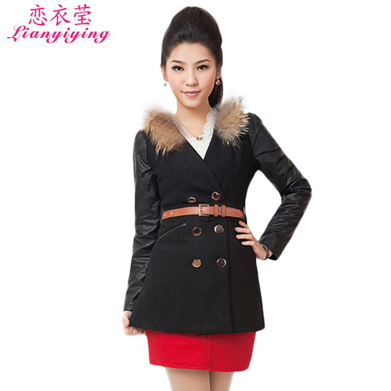 2012 autumn and winter fur collar woolen overcoat medium-long PU water wash leather cashmere woolen outerwear