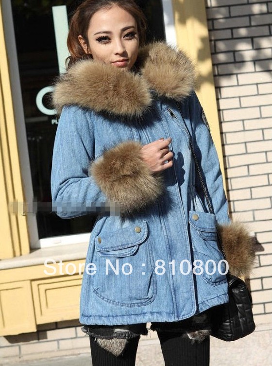 2012 autumn and winter fur long cashmere denim jeans jacket