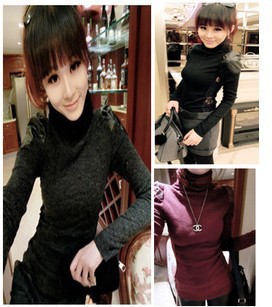 2012 autumn and winter heap turtleneck patchwork leather sidepiece all-match transparent lace basic shirt 1614