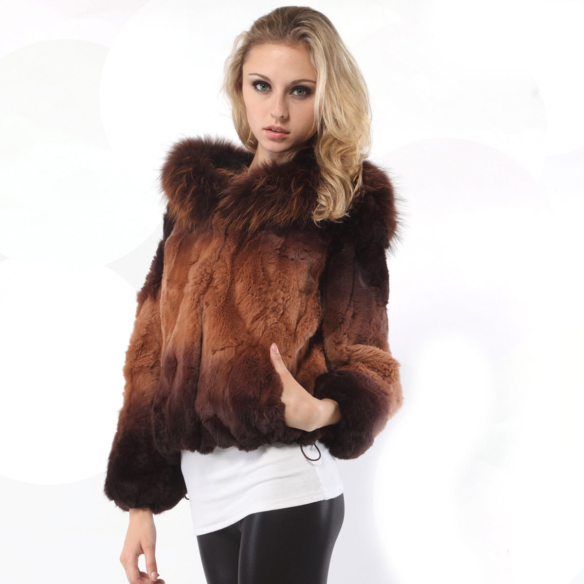 2012 autumn and winter high quality with a hood leopard print lining rabbit hair fur coat