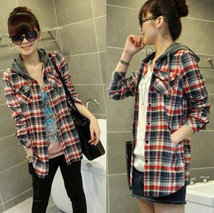 2012 autumn and winter hooded plaid shirt female medium-long all-match casual cardigan shirt outerwear