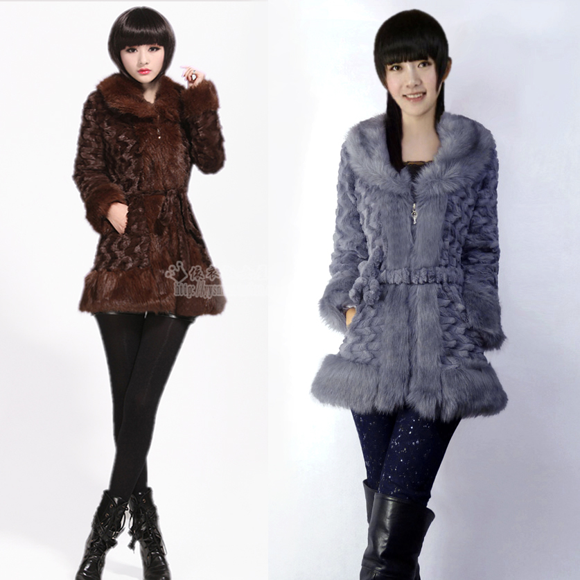 2012 autumn and winter hot-selling fur coat slim thermal rabbit fur outerwear belt large fur collar cotton-padded jacket