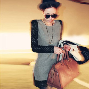 2012 autumn and winter JORYA small rhombus leather mosaic one-piece dress