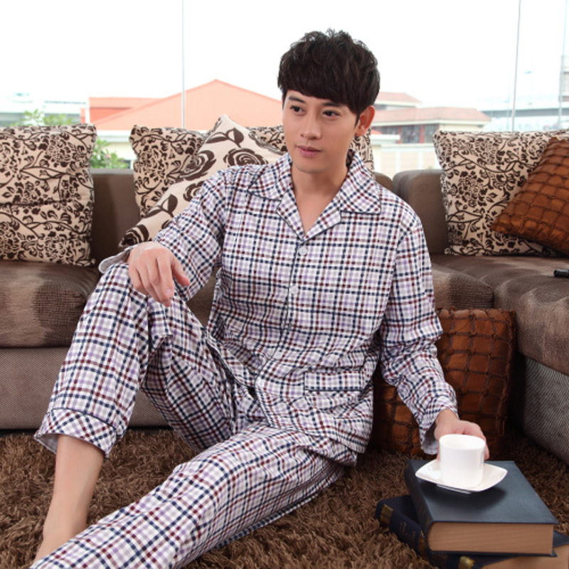 2012 autumn and winter knitted 100% cotton long-sleeve male sleepwear classic plaid casual lounge set