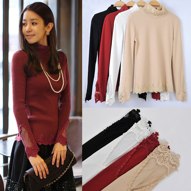 2012 autumn and winter lace decoration long-sleeve black turtleneck t-shirt all-match basic shirt sweater