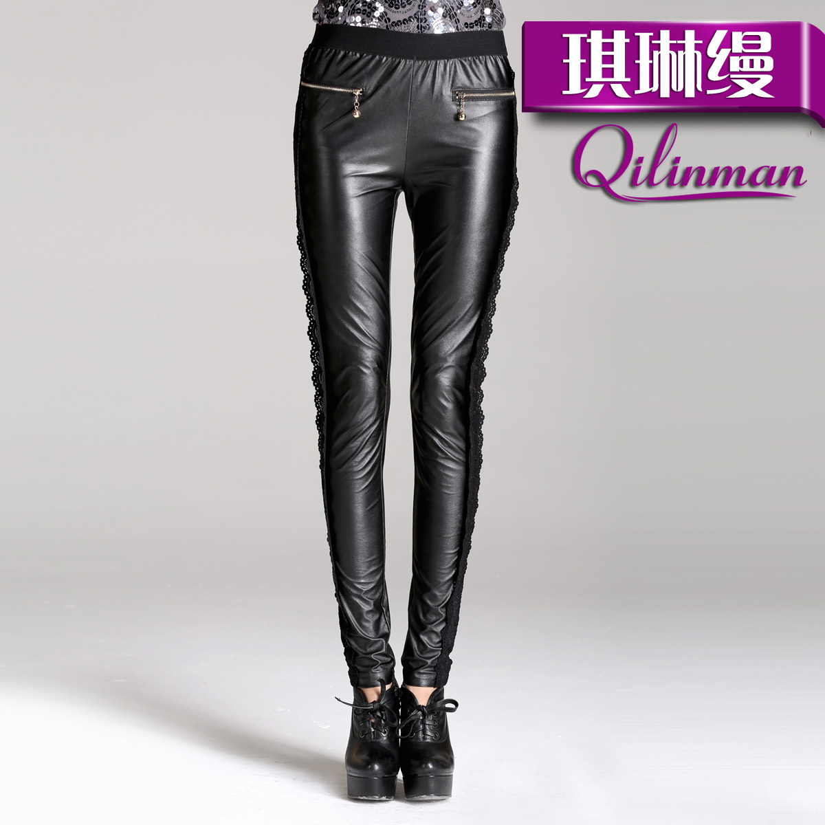 2012 autumn and winter lace patchwork faux leather slim casual basic trousers pants skinny pants 9131b