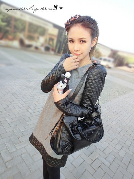 2012 autumn and winter ladies small ayomi plaid leather patchwork woolen one-piece dress