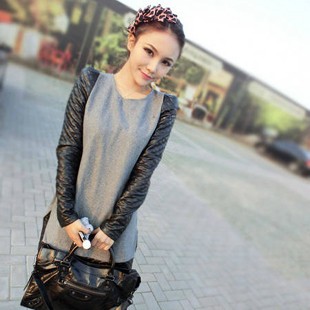 2012 autumn and winter ladies small water washed leather patchwork woolen one-piece dress long-sleeve slim leather skirt