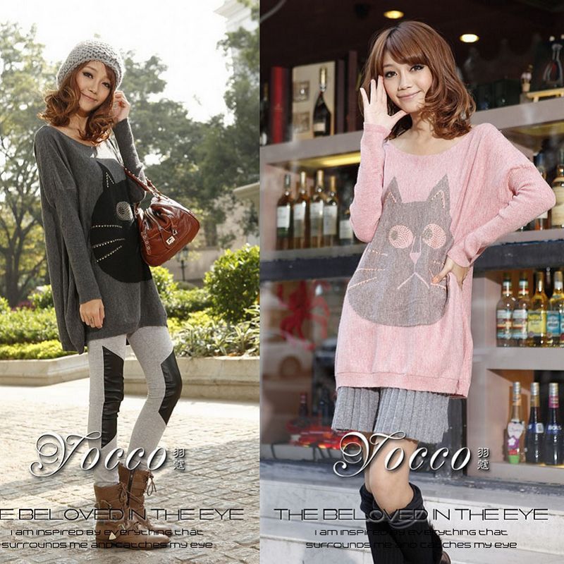 2012 autumn and winter large the cat batwing sleeve medium-long big sweater loose plus size clothing (WC005)