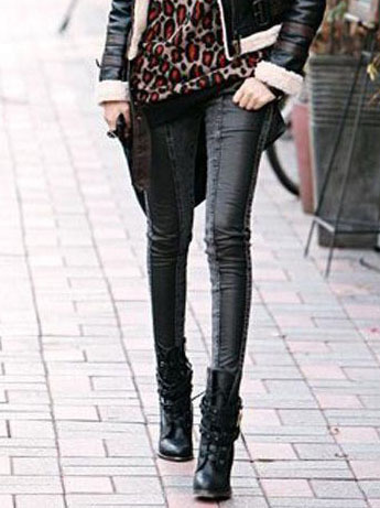 2012 autumn and winter leather patchwork faux denim legging trousers elastic pencil pants