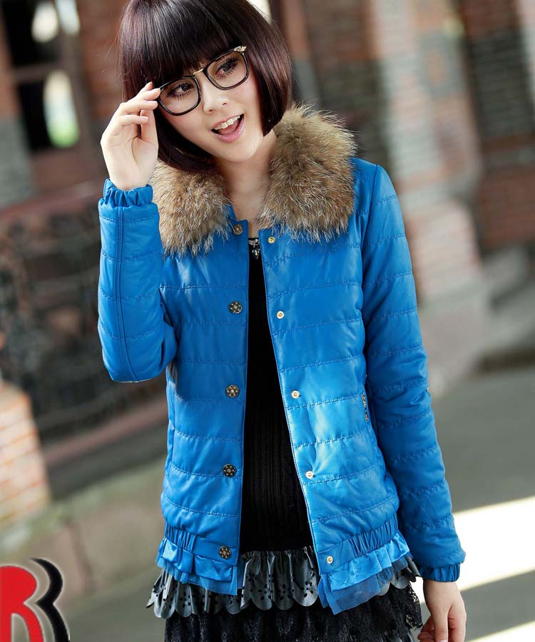 2012 autumn and winter leather wadded jacket plus size female outerwear slim short design fur collar double breasted